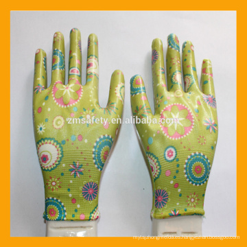 Guantes de jardín impresos flor barata para mujeres Guantes de nitrilo transparentes